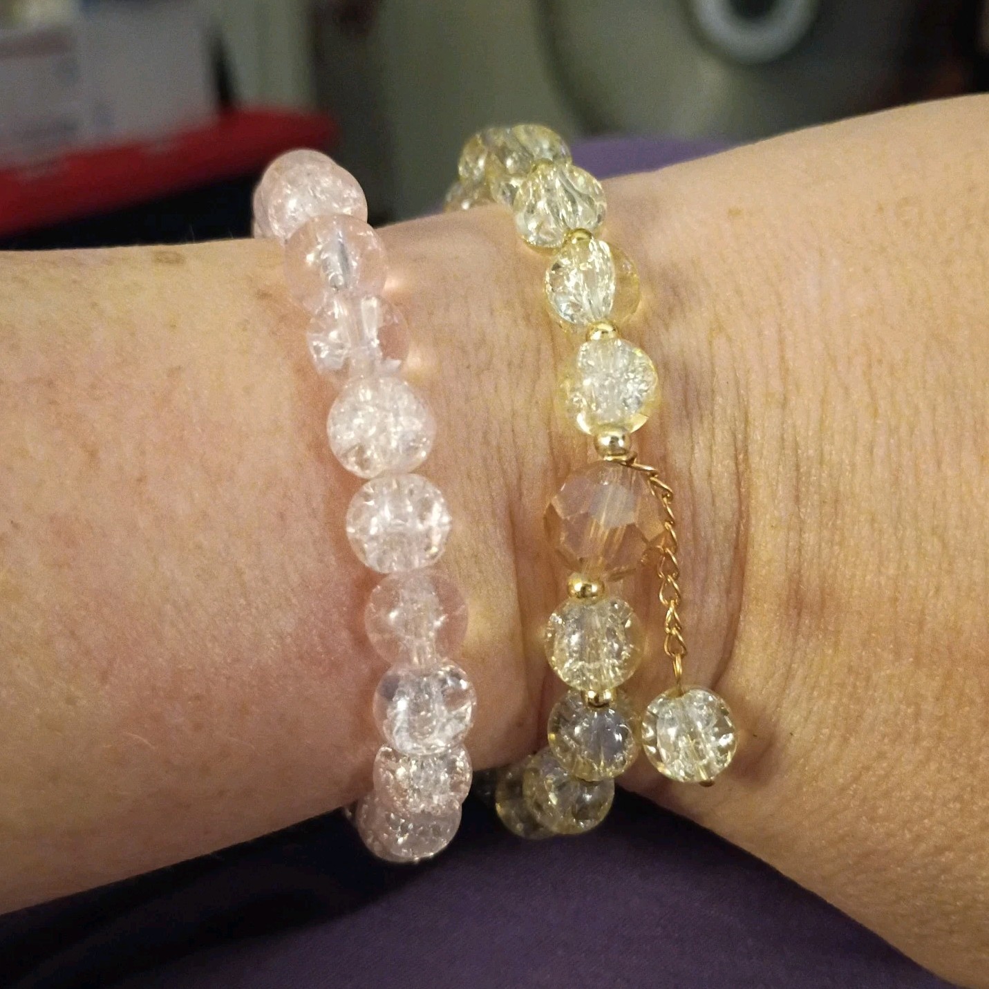 Lot of 2 Clear Round Crystal Glass Beaded Stretch Bracelets, Dangle Charm