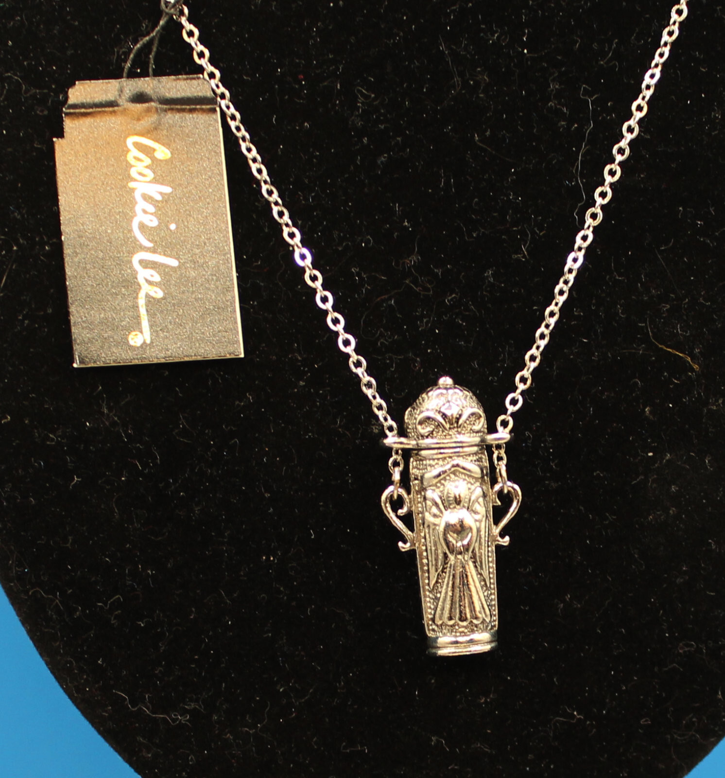 VINTAGE COOKIE LEE ANGEL FLASK JAR SCENT SILVERTONE NECKLACE W LID & TAG