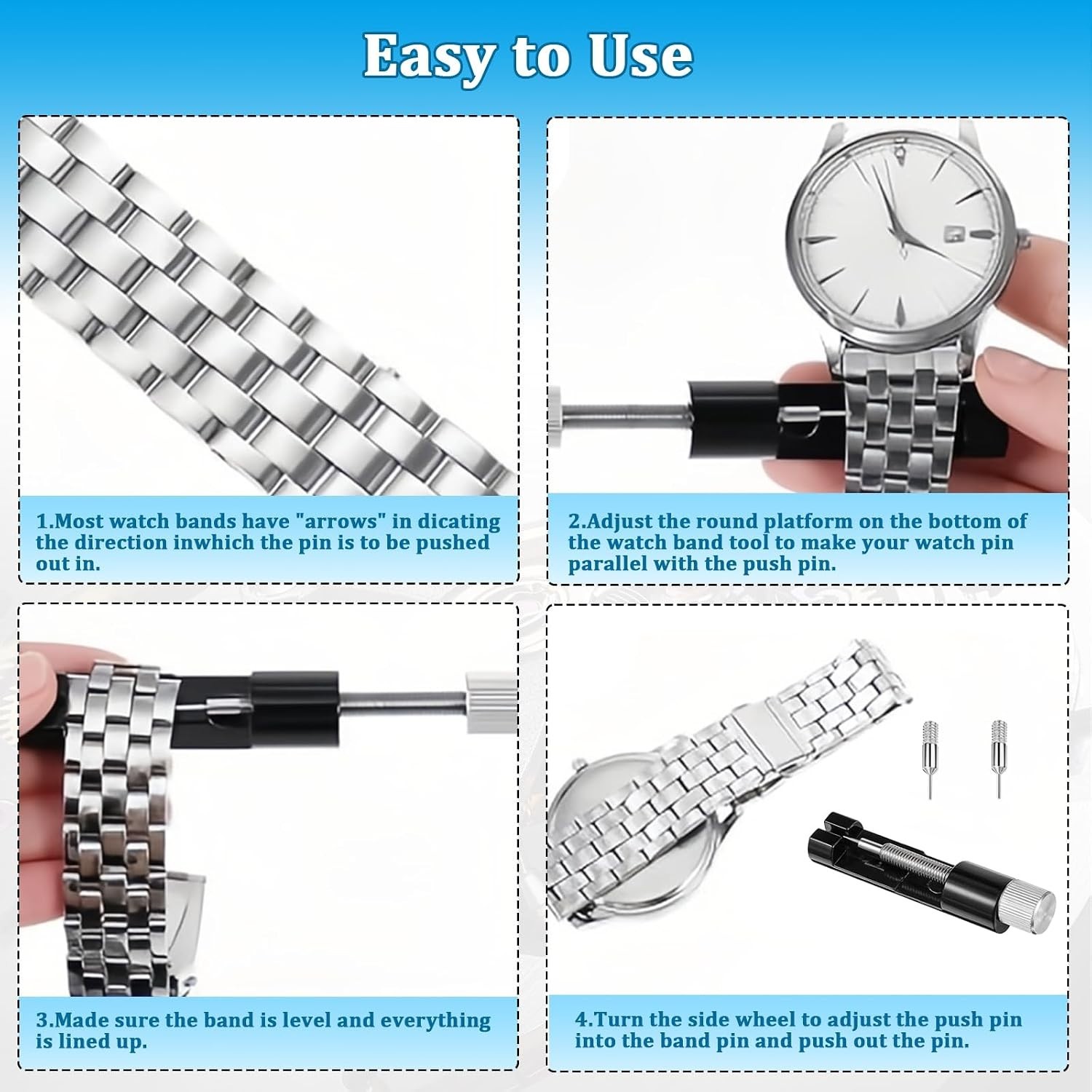 Portable Watch Link Removal Kit: 2 Tools with 6 Replacement Pins for DIY Repairs