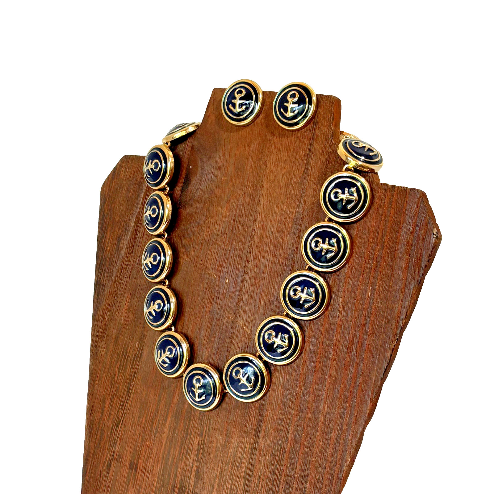 VTG Navy Blue Enamel Nautical Anchor Choker Necklace & Pierced Earrings Sailing