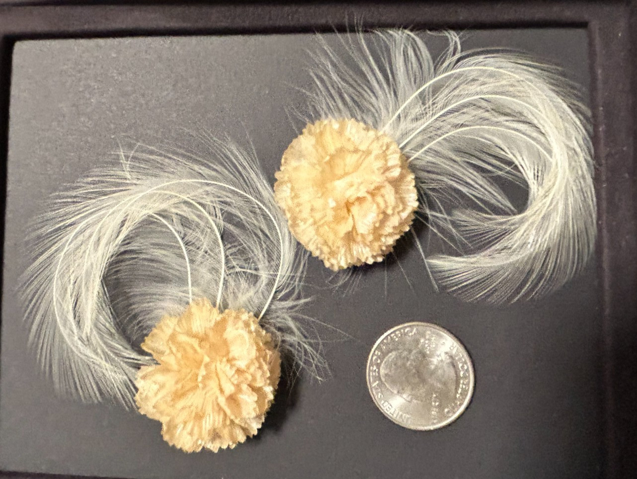 Vintage 1950’s Real Feather Flower Special Occasion Earrings Metal Clip-On VGUC