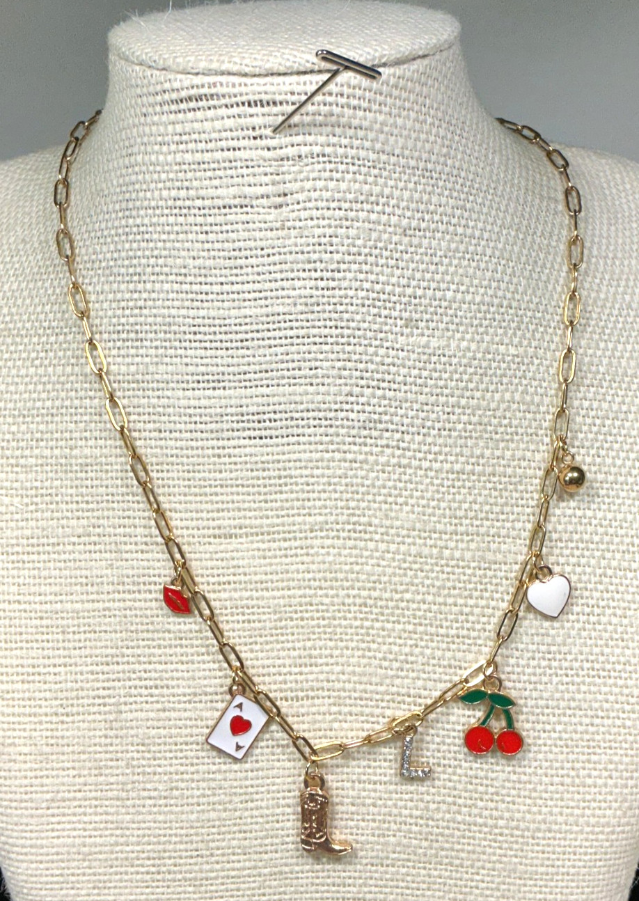Enamel Necklace Gold Plated Red White Clear Boot Cherried L Rhinestone Lot 106C