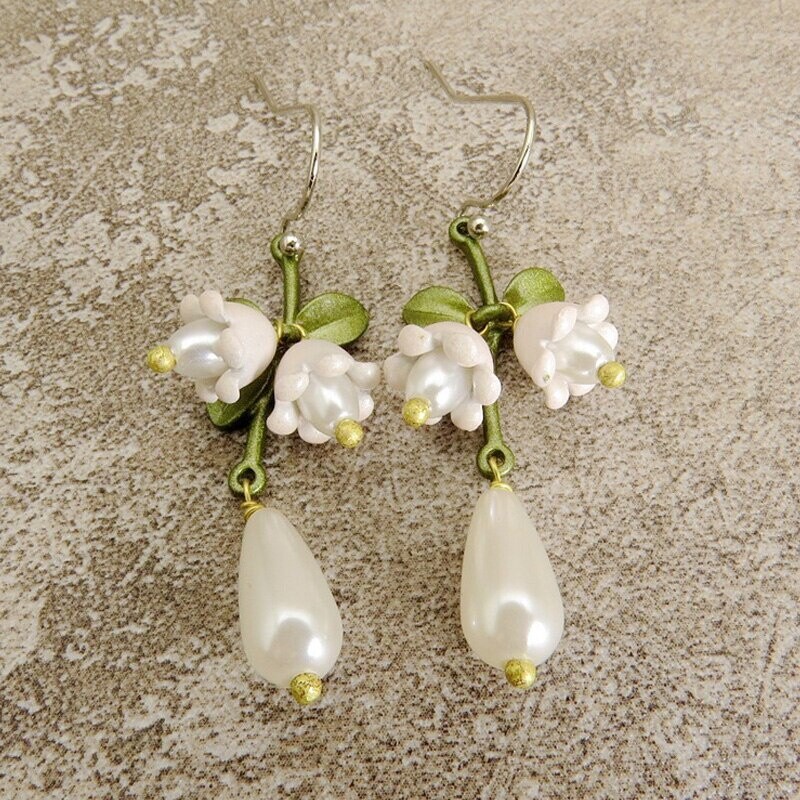Luxury Orange Lily Of The Valley Earrings Vintage Pearl Plant Flower Party Gift