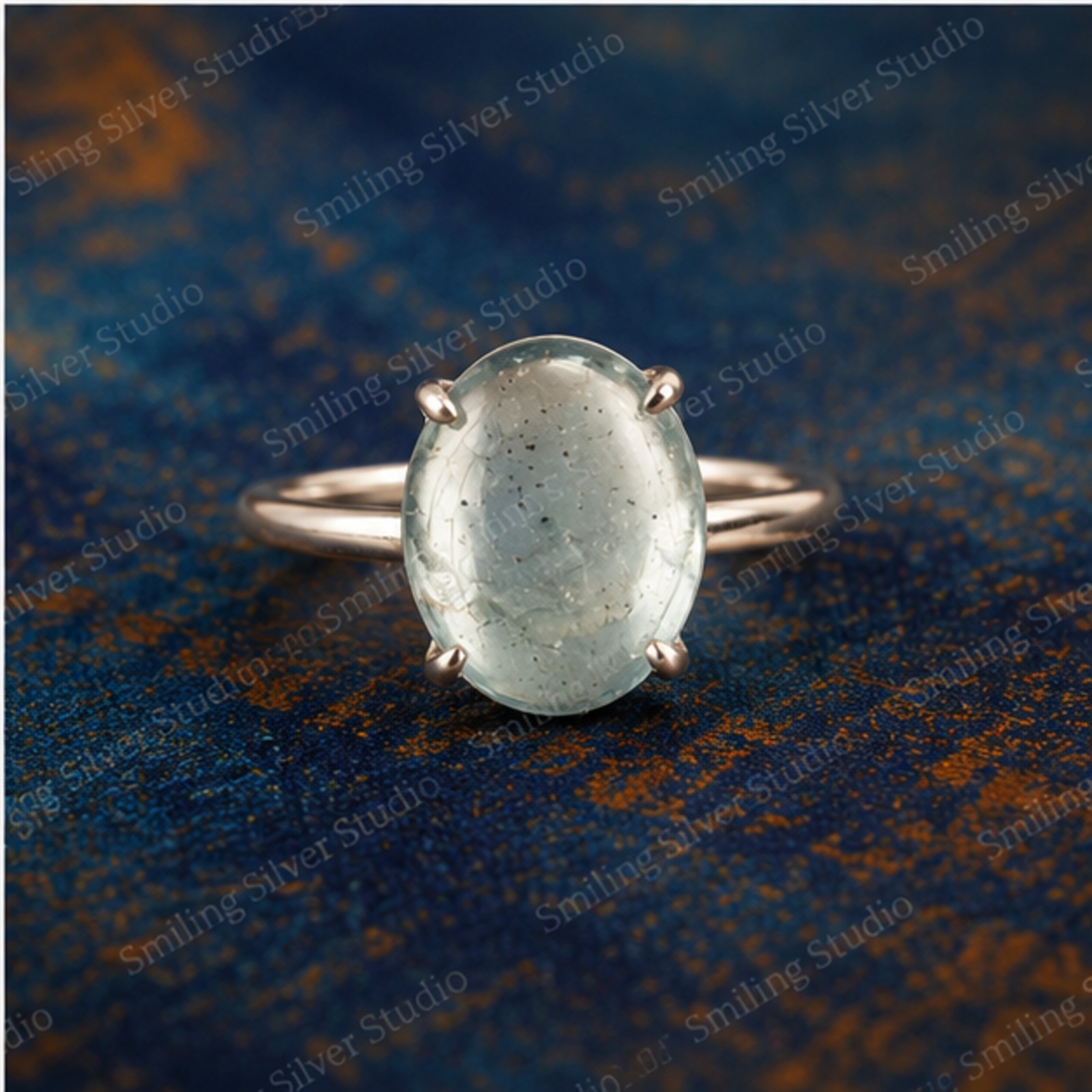 925 Sterling Silver Oval Green Cabochon Aquamarine Ring Minimalist Handmade Ring
