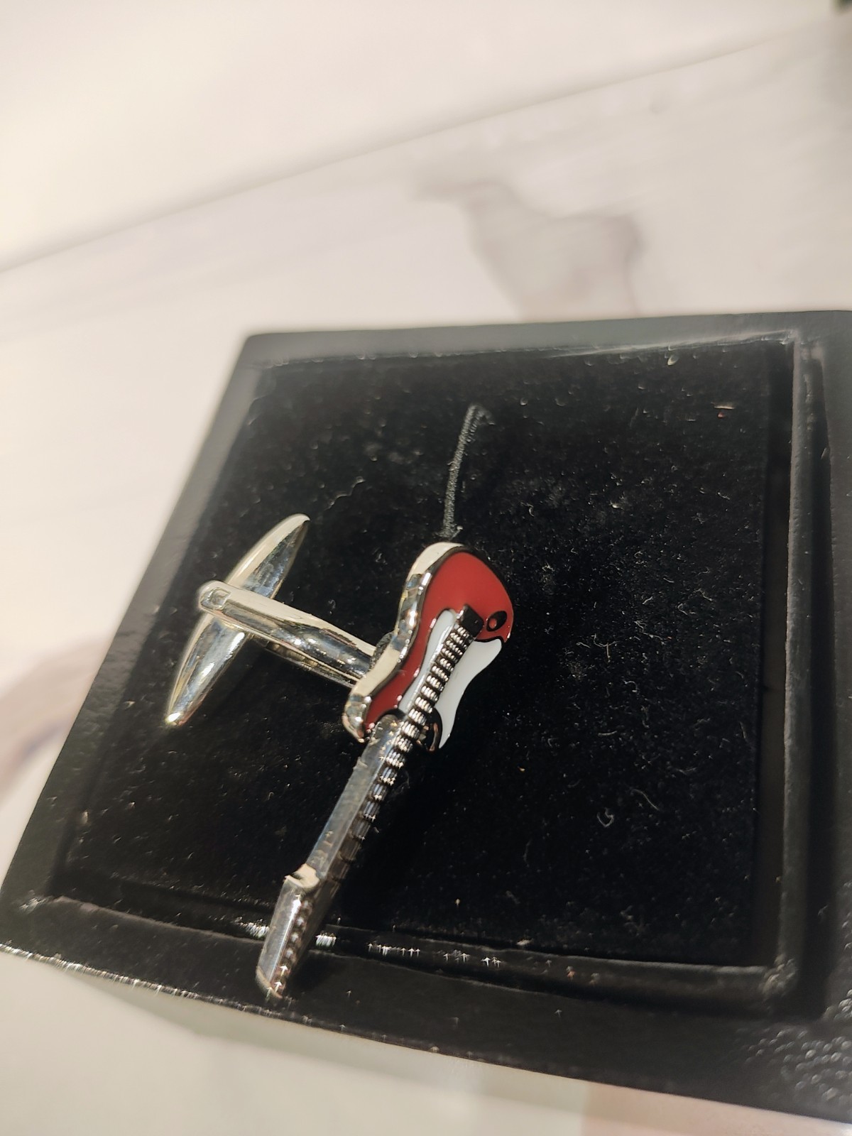 Dalaco Red & White Electric Guitar Cufflinks Rhodium Plated Enamel Boxed…