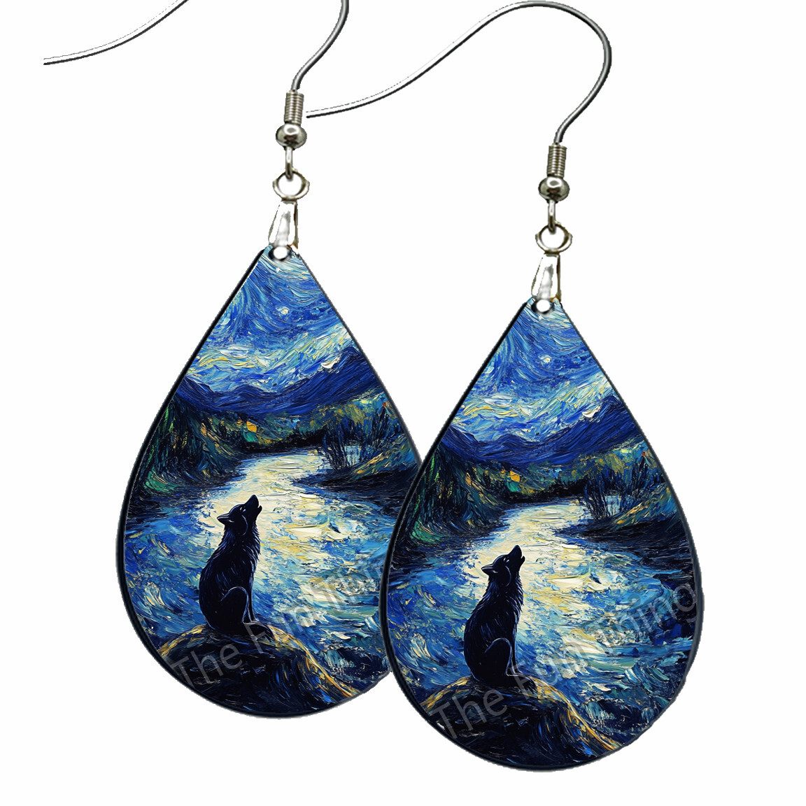 Starry Sky Howling Wolf Earrings NO TARNISH Wood Teardrop Dangle Wolf Lover Gift