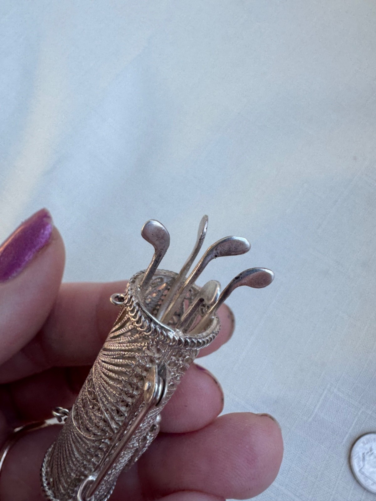 Estate Sterling Silver 950 Filigree Golf Bag w/ Clubs Brooch Pin Golfing 10.7g