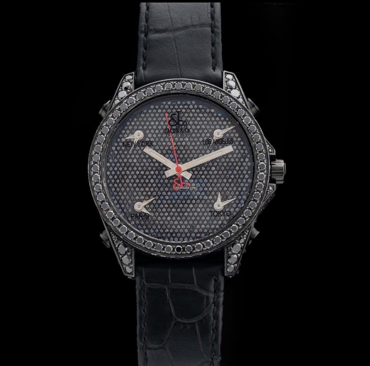 Jacob & Co 5 Time Zone Full Iced Out Factory Black Diamond PVD 40mm Watch JC-130