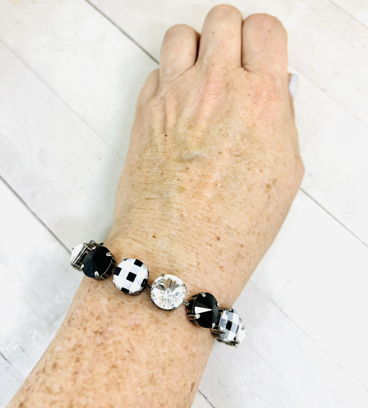 Black BUFFLO PLAID Cup Chain Statement Bracelet made w/ Jet Black Crystals
