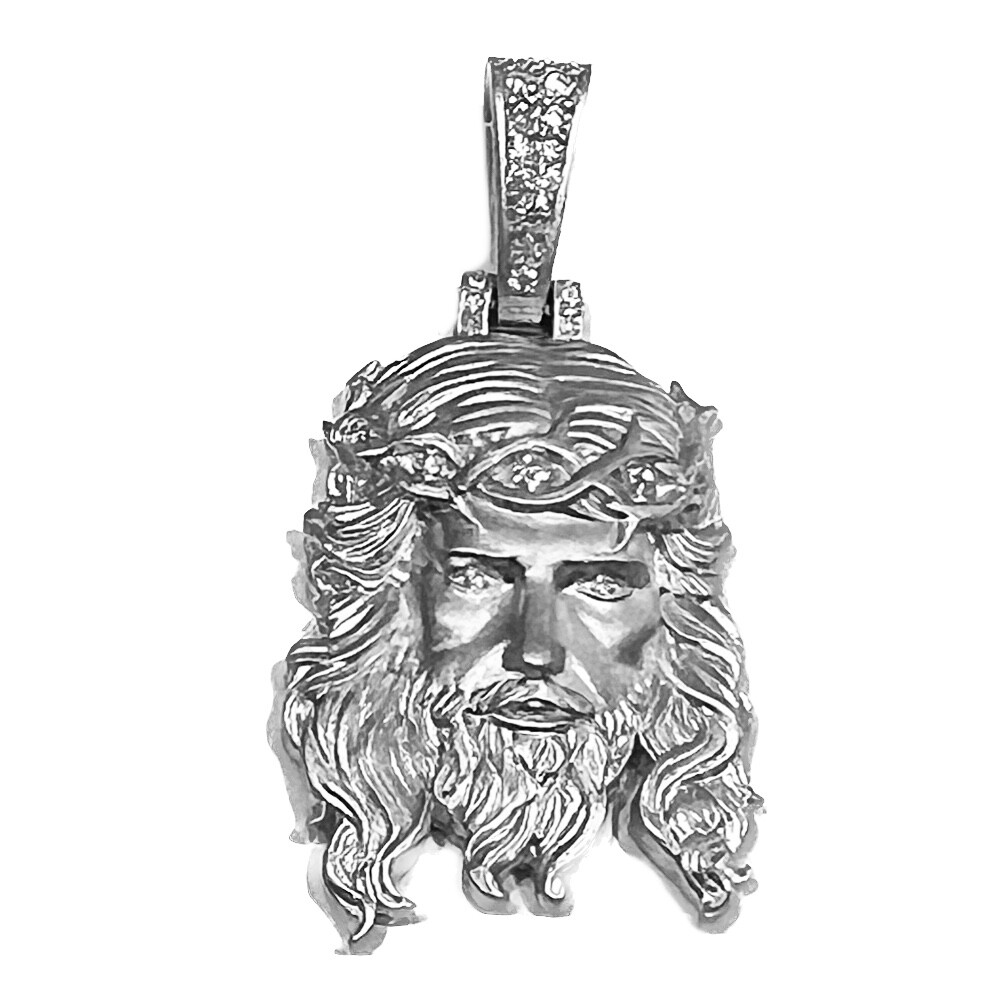925 Sterling Silver Matte Sandblast Jesus Head Moissanite VVS D Pendant Small 1″