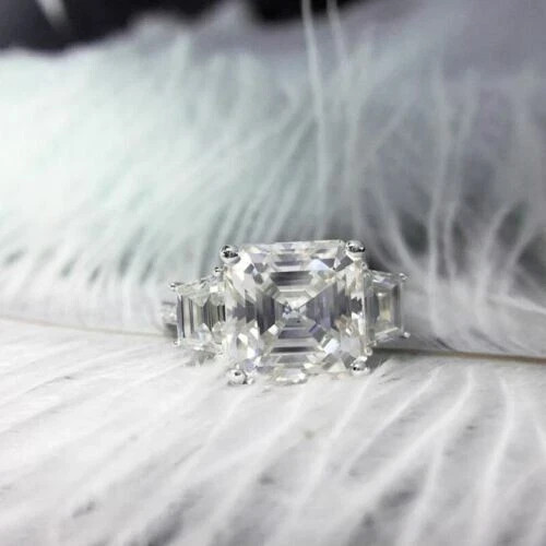 3Ct Asscher Lab Created Diamond Three-Stone Engagement Ring 14K White Gold Over