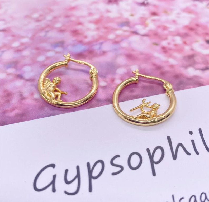 925 SILVER Gold Plated Plikin Angel Devil Whimsical Hoop Huggie EARRINGS K33A