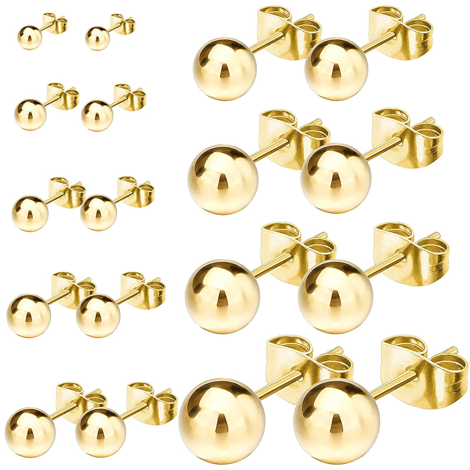 9 Pairs Gold Ball Stud Earrings Set 2–10mm Hypoallergenic Small Studs Women Men