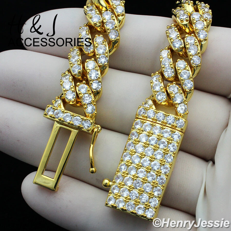 MEN 14K GOLD PLATED 18″-24″X12MM GOLD CZ PRONG SET CURB CHAIN NECKLACE*ABGN5