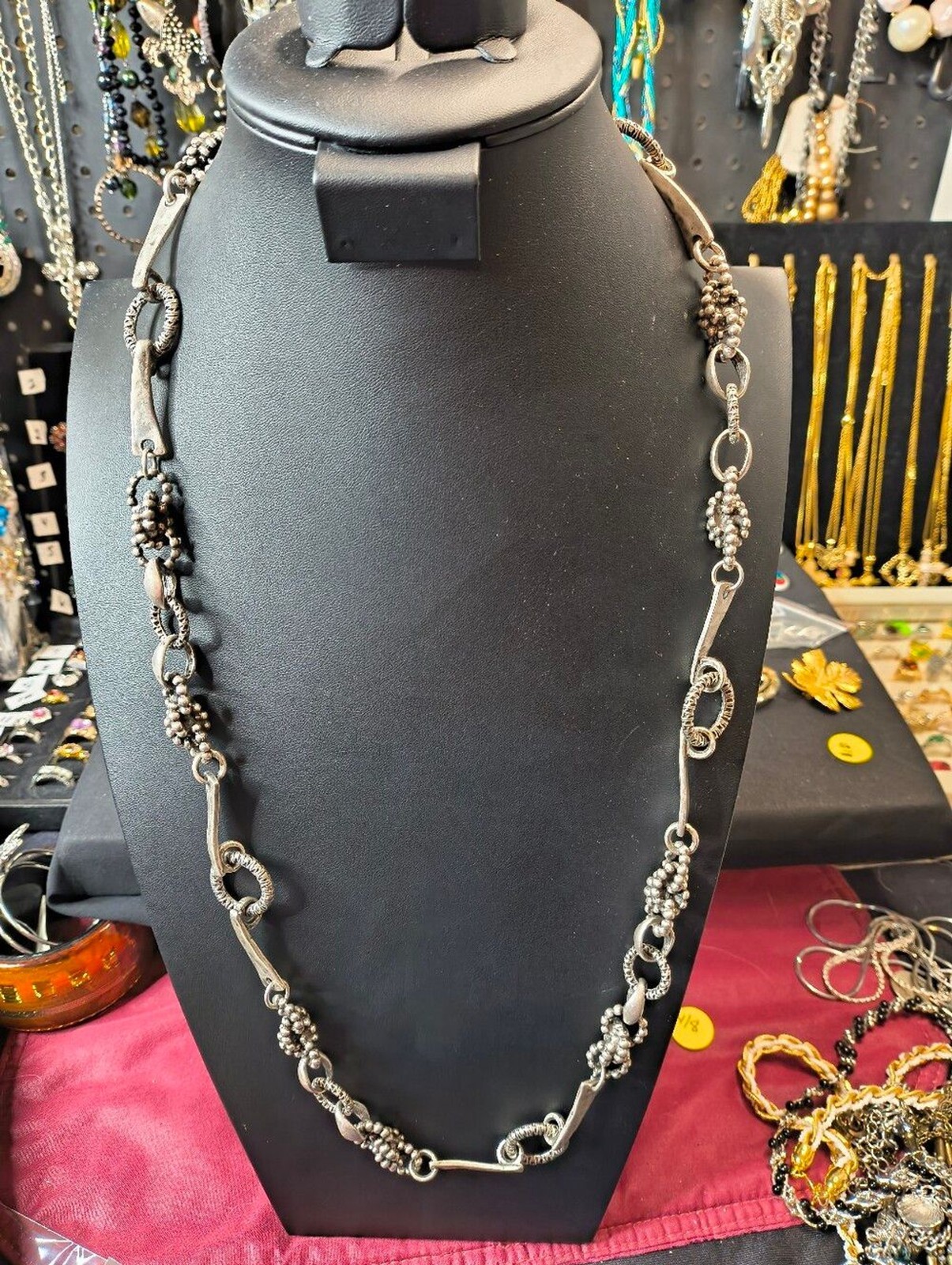 Chico’s Silver Tone Statement Necklace 26″ + 4″ Extender Textured Link Artisan