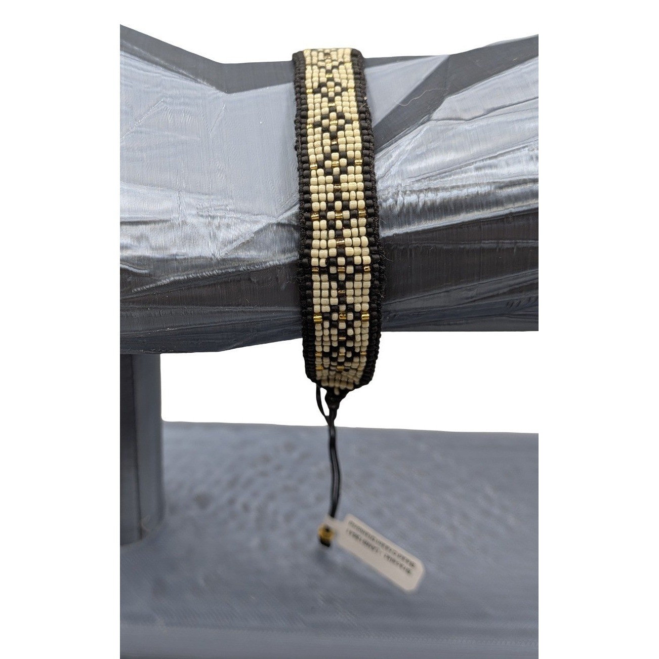 Woven Bead Diamond Geometric Bracelet Cream Black Gold LANB12641 Adjustable Boho