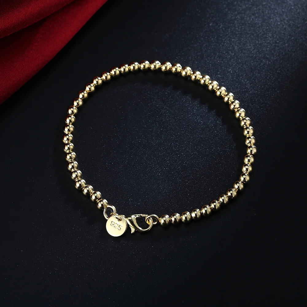 2PCS Hot 925 Sterling Solid Silver Jewelry 4MM Solid Beads Bracelet For Women