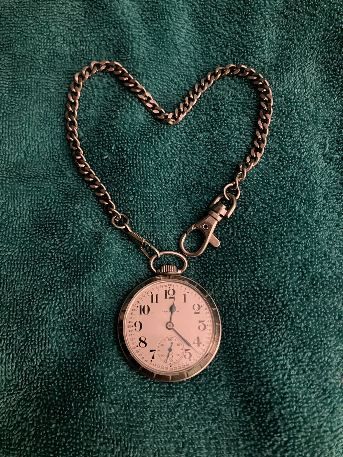 1951 Hamilton 992B 21J 16S Stainless Steel Pocket Watch w/ Chain, Runs Great