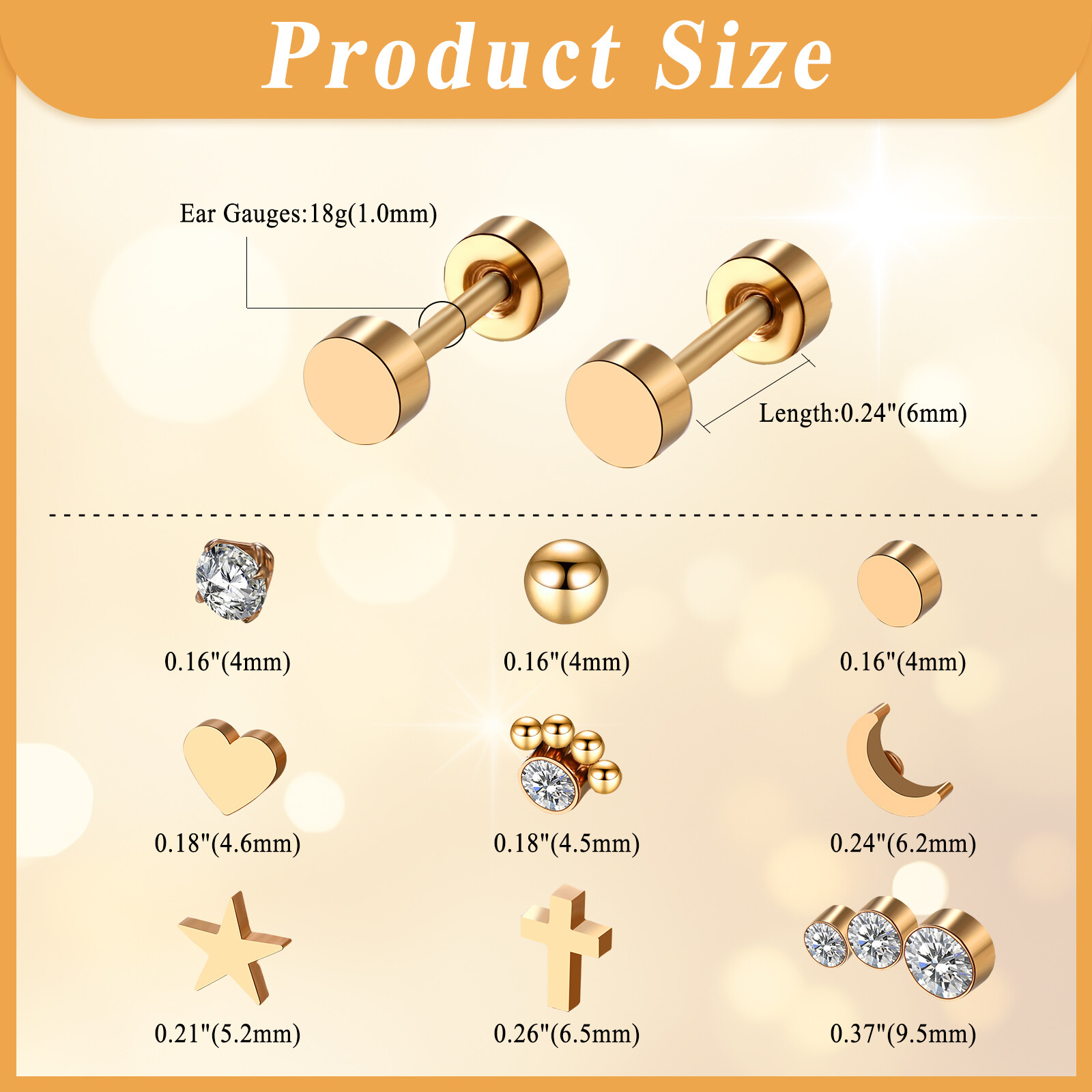9 Pairs Surgical Steel CZ Ear Studs Cartilage Earrings Hypoallergenic for Women