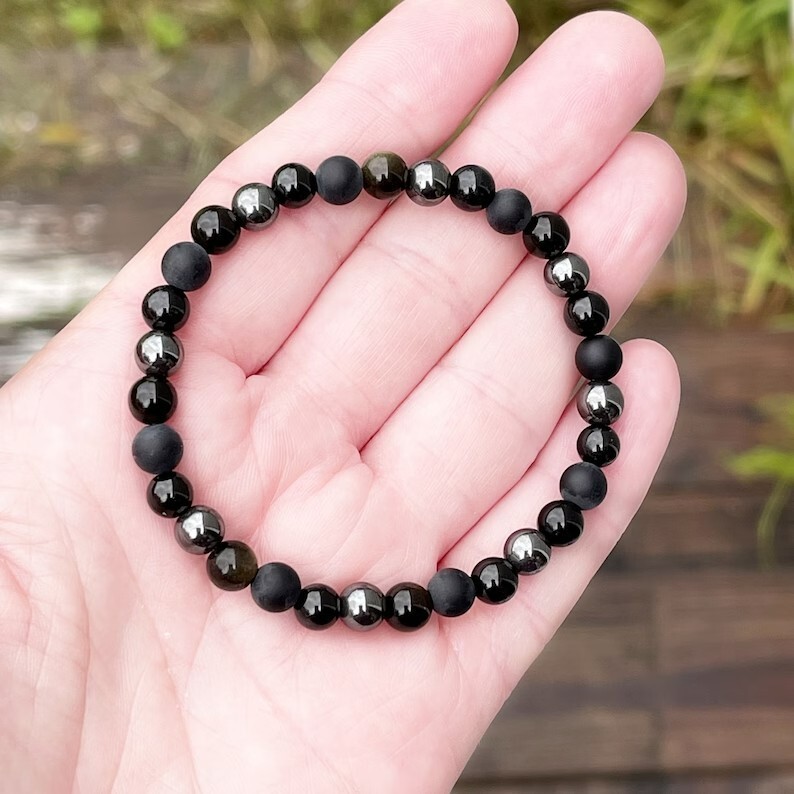 Triple Protection Black Onyx Tourmaline Obsidian Hematite Beads Healing Bracelet