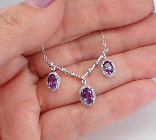 Lab-Created Amethyst 4Ct Oval Cut Drop Lariat Pendant 14K White Gold Plated