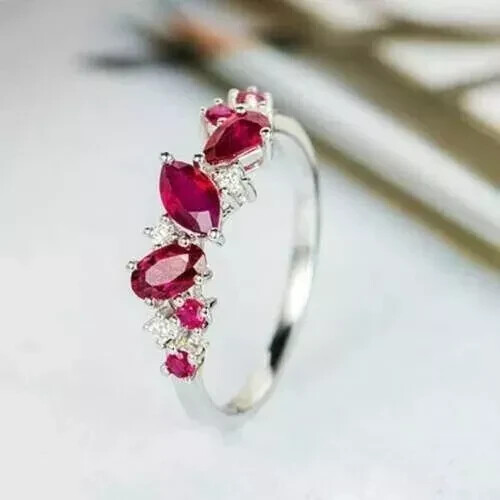 2Ct Marquise Cut Lab-Created Red Ruby Half Eternity Ring 14K White Gold Plated