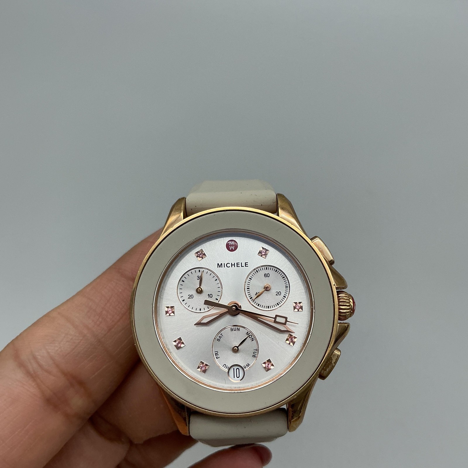 Michele Womens Watch 36mm Rose Gold Tone Chronograph Silver Tone New Battery