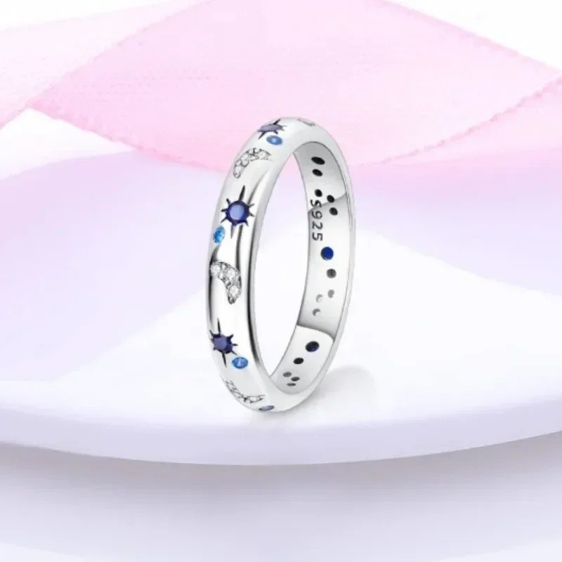 New Celestial Blue Crystal Moon Sun Star Ring Women Elegant Stackable Jewelry
