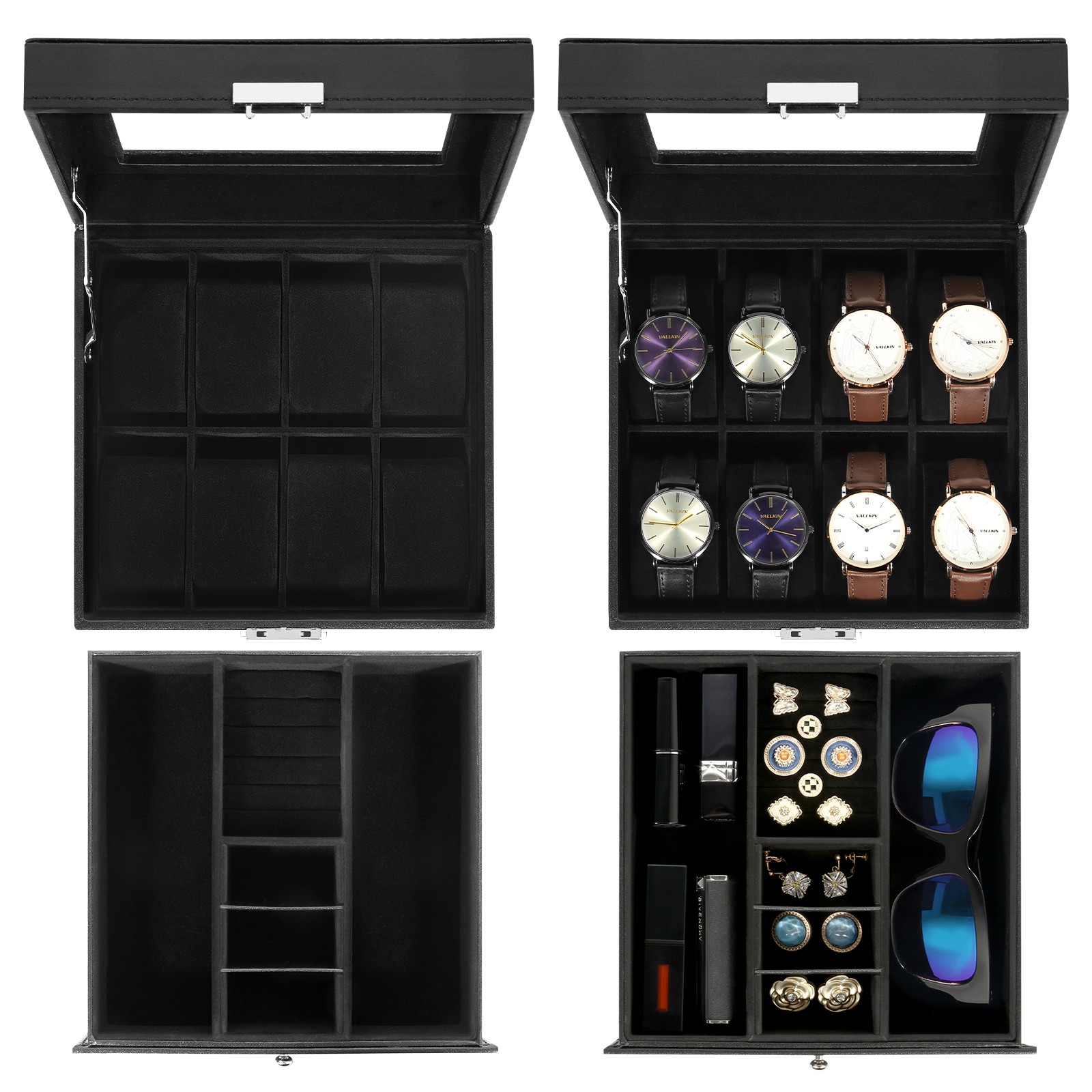 8-Slot Watch Box Lockable Watch Case 2 Layers with 1 Drawer for Rings Watch Gift