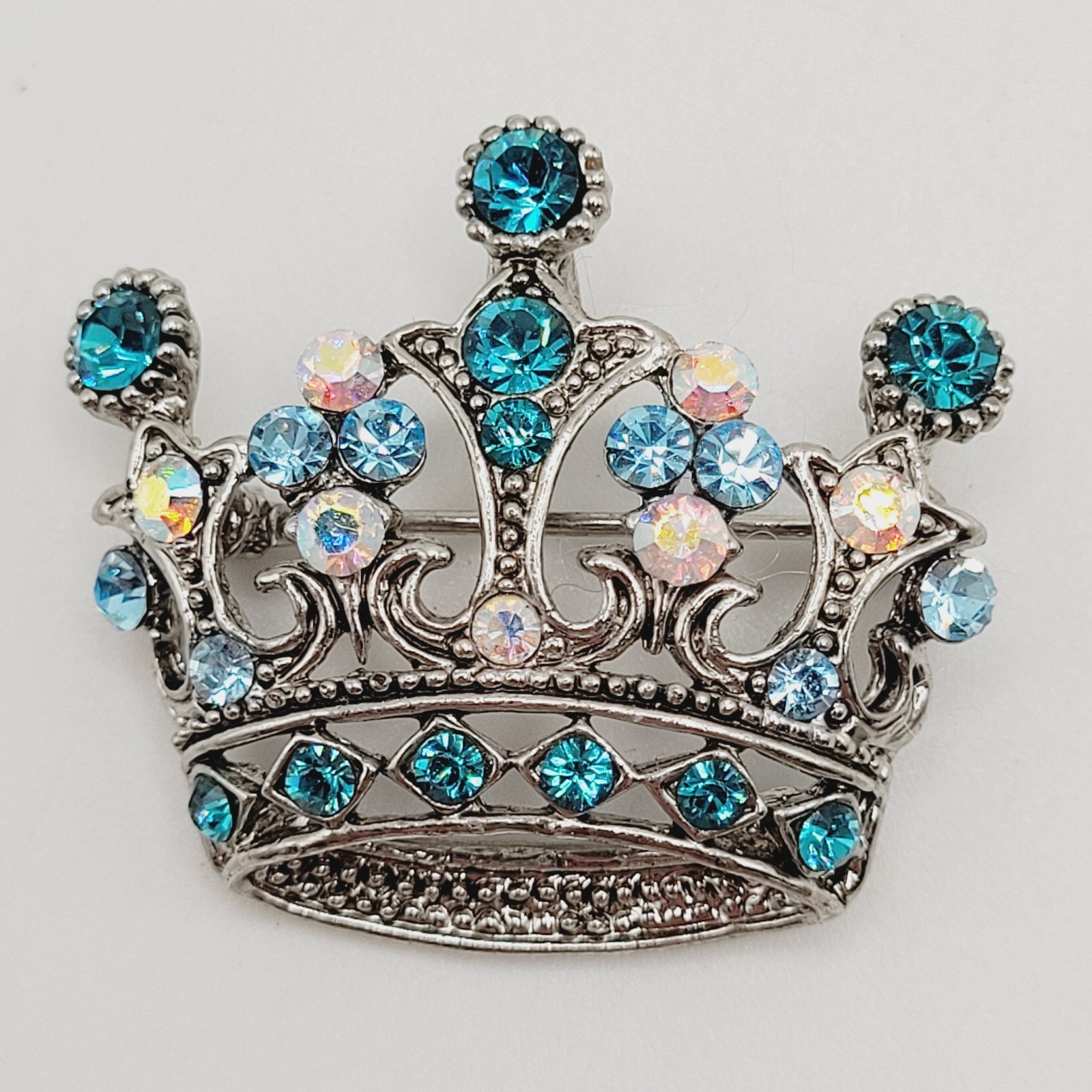 Regal Royal Queen Crown with Light Blue Rhinestone Silver Tone Pendant Brooch