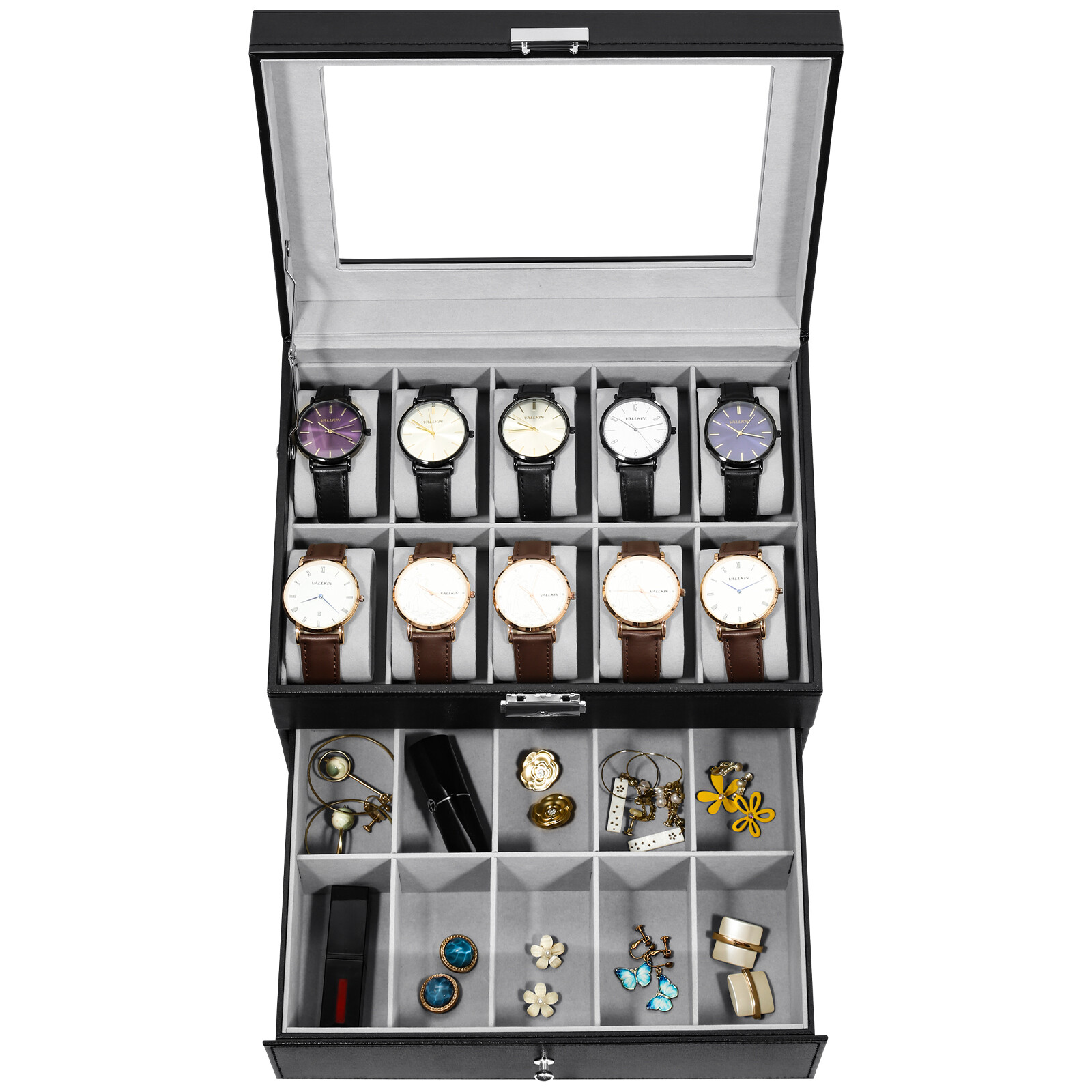 20-Slots Watch Box Case 2 Layers Watch Jewelry Holder Organizer Storage Display