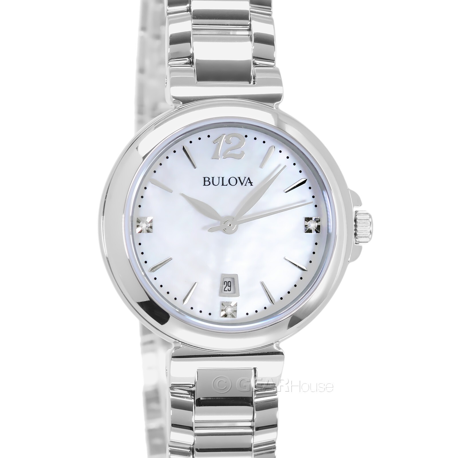 BULOVA Womens Dress Watch Genuine Diamonds, White MOP Dial, Stainless Steel Band