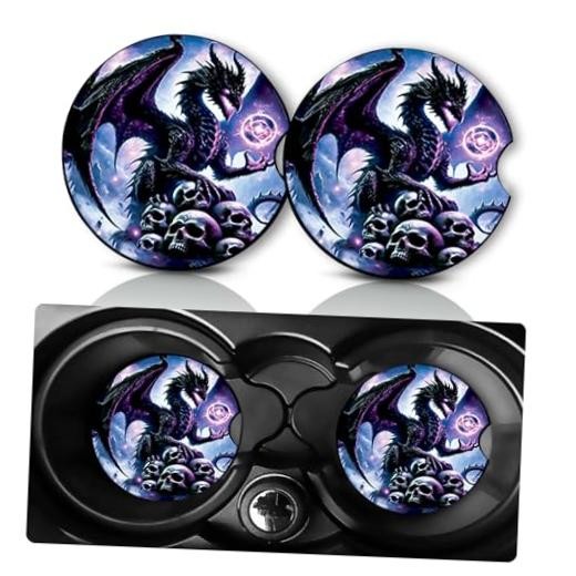 2 Pack Car Cup Holder Coasters 2.75″ Universal Size Anti Slip Dragon and Skulls