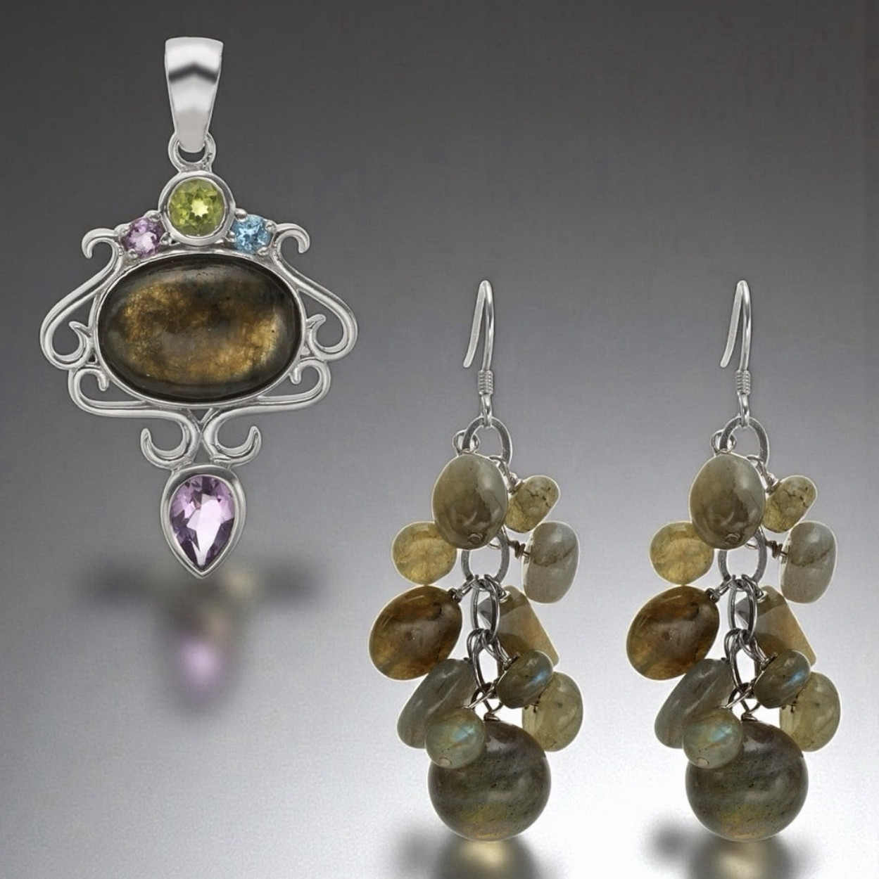 Sterling Silver Labradorite Amethyst Peridot Topaz Pendant & Earrings Set