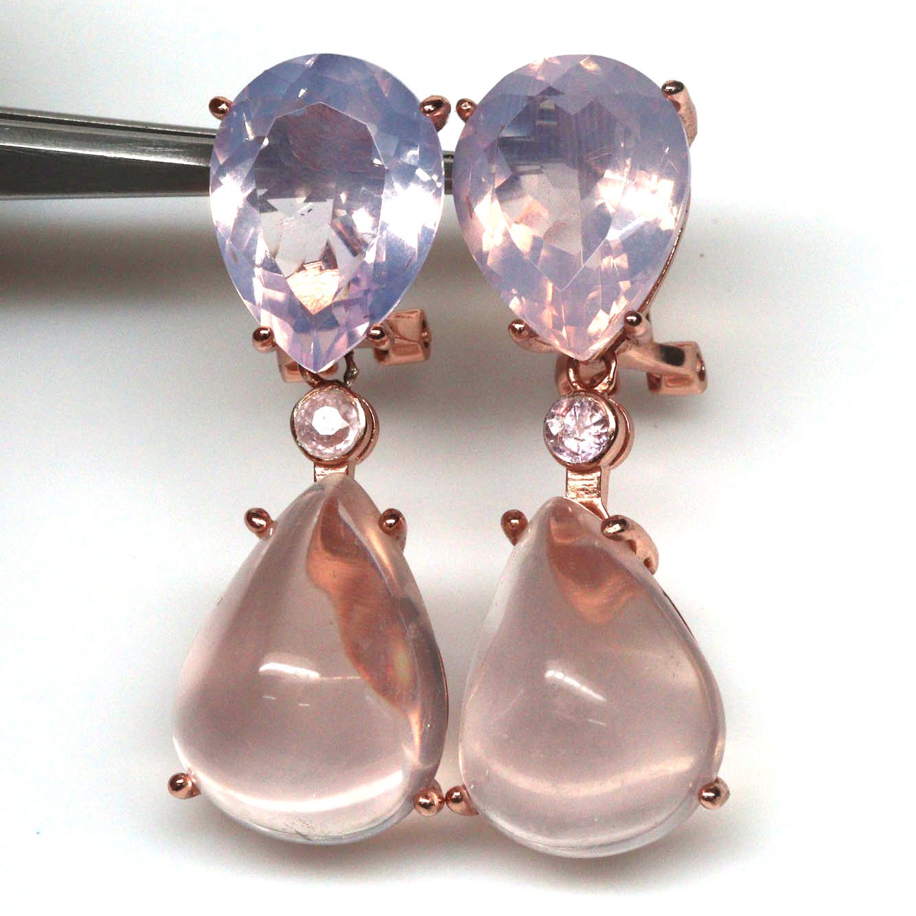925 Sterling Silver 14 x 18 mm. Lavender – Pink Rose Quartz Earrings Rose Gold