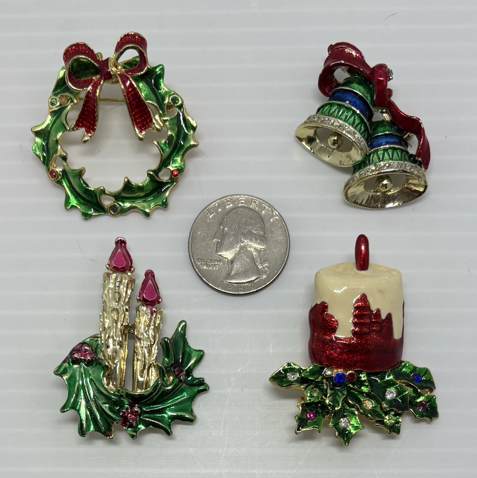 Vintage Lot of 7 Christmas Pins Reindeer-Sled-Dog-Candles-Wreath-Bells