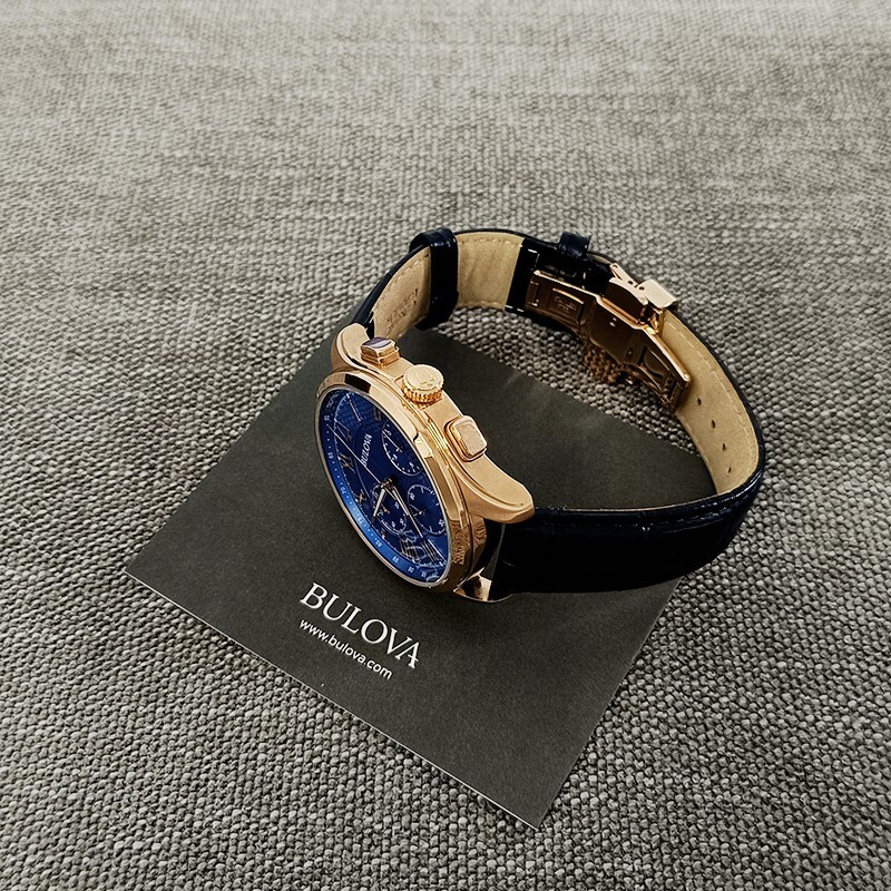 Bulova Wilton Men’s Blue Dial Croco Pattern Leather 97B170 Quartz Watch 46.5mm