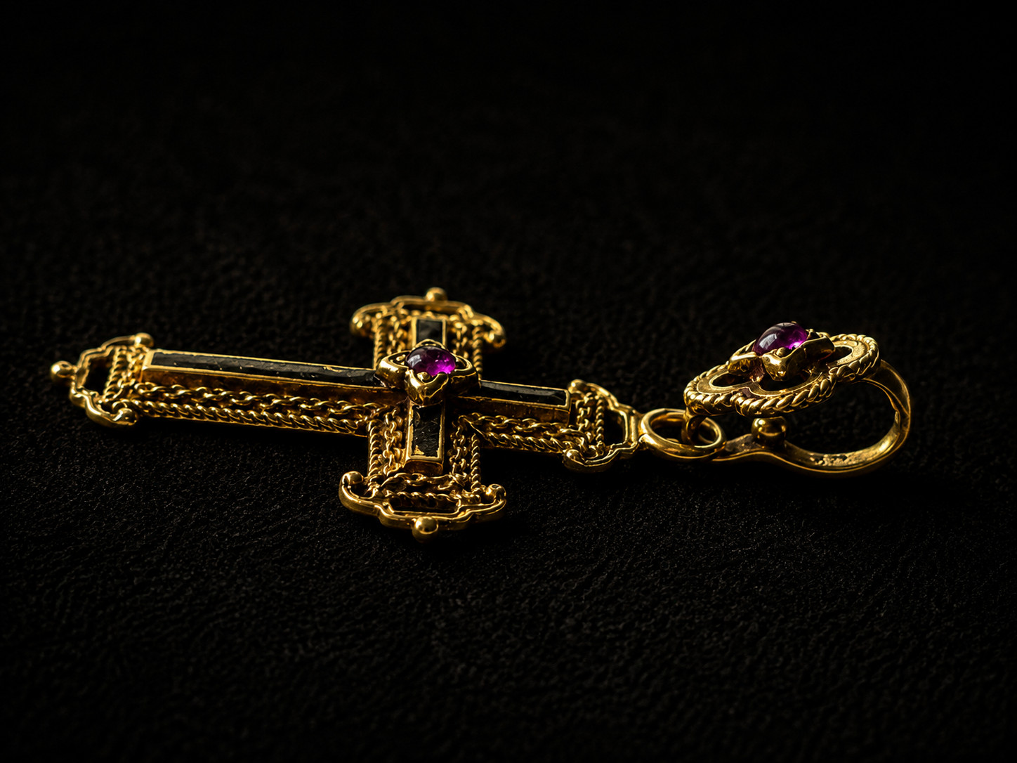 Antique Victorian 18K Gold Cross Pendant Black Enamel Natural Rubies Gothic 1870
