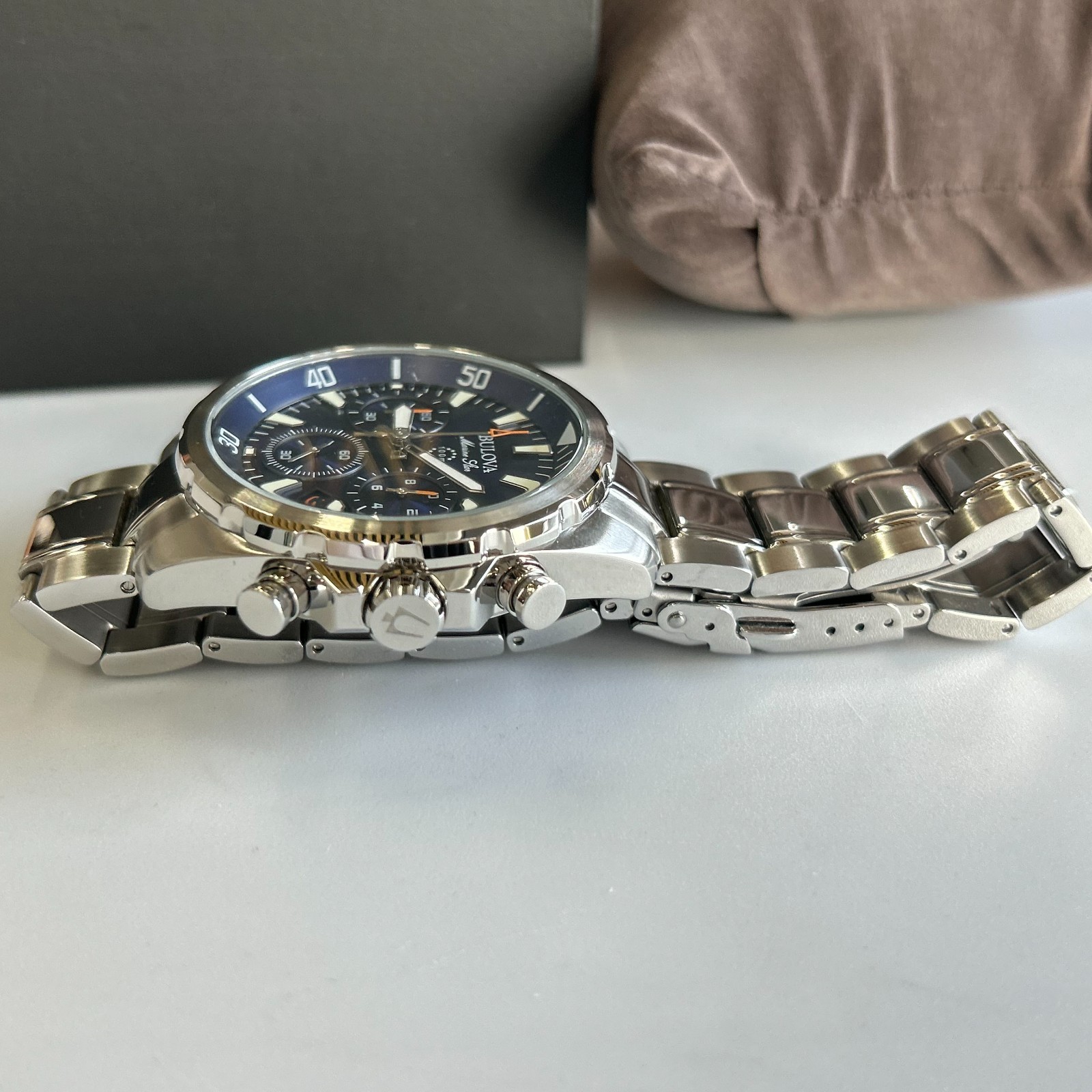 Bulova Men’s Marine Star 96B256 Blue Dial Stainless Chronograph Quartz Watch New