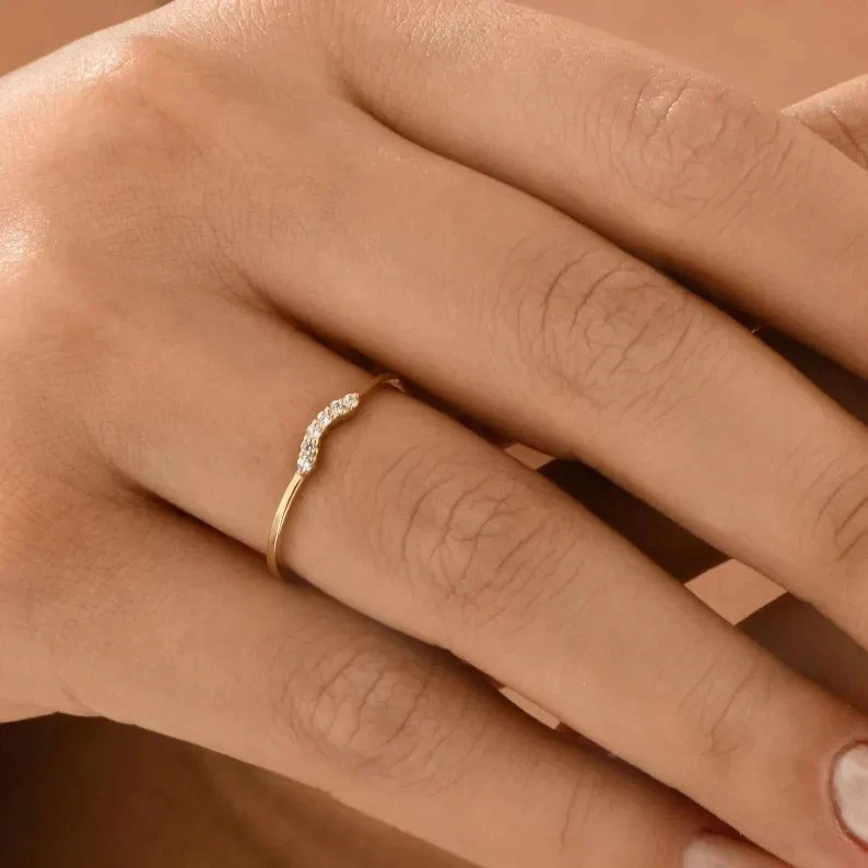 V Shape Chevron Minimalist Thin Wedding Band 925 Sterling Silver CZ Promise Ring