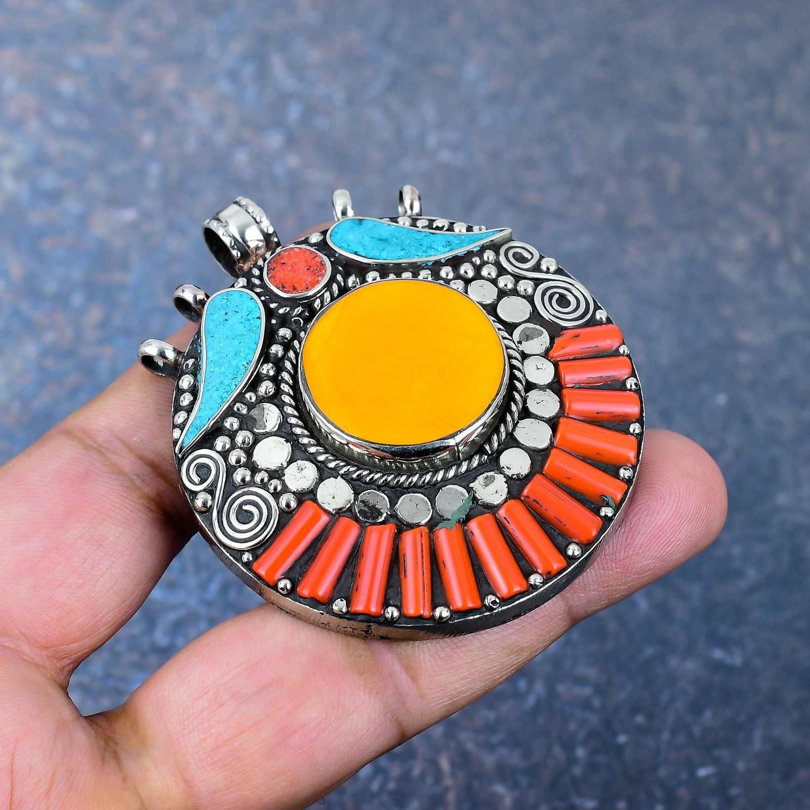 Turquoise, Coral Gemstone Handmade 925 Sterling Silver Nepali Pendant Jewelry