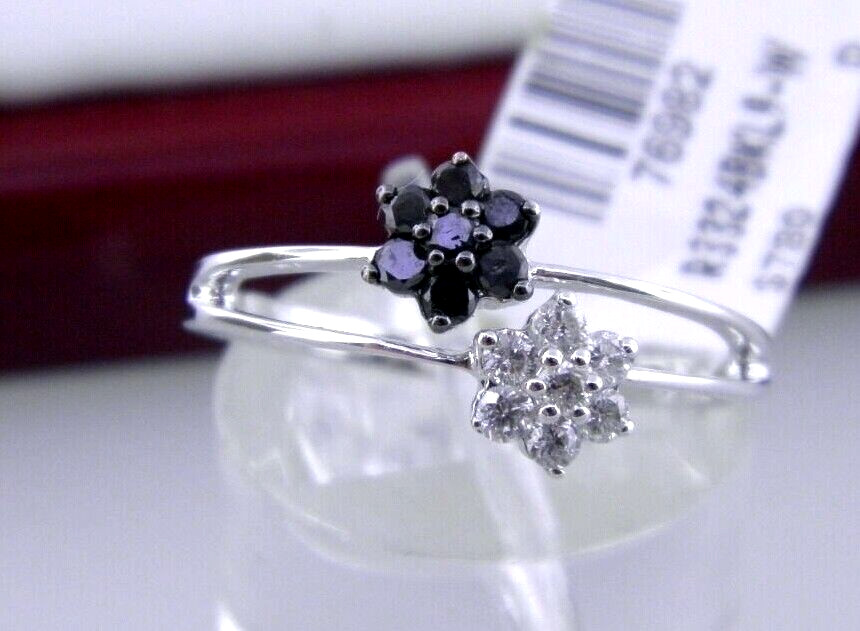14k Solid White Gold Black & White Diamond Wrap Dainty Flowers Ring