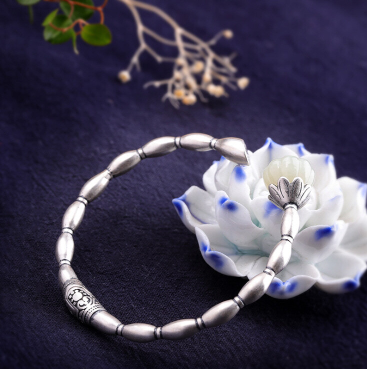 I03 Silver 925 Rice Grain Effect Lotus Flower White Jade Bangle Bracelet