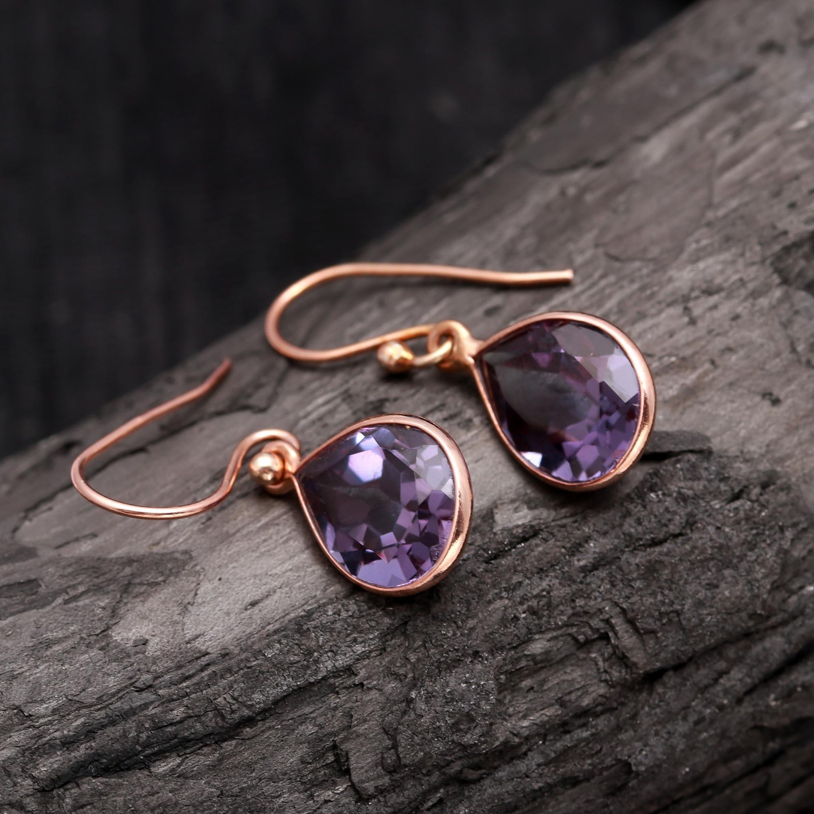 Color Changing Alexandrite Pear Earrings Rose Gold Plated Solid Silver Jewelry