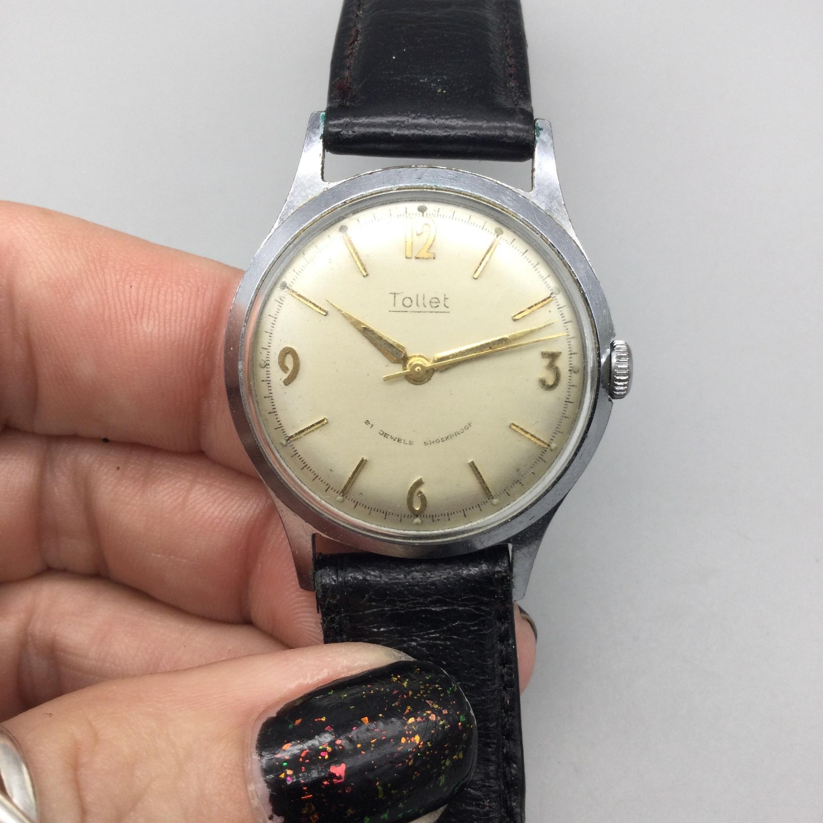 Vintage Tollet Mens Watch 32mm Cream Dial Silver Tone Black Leather Manual Wind