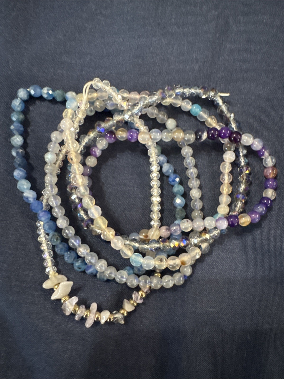 Beaded Gemstone Stretch Bracelets, Set Of 6- Purple And Blue Tone. Approx 2-3mm