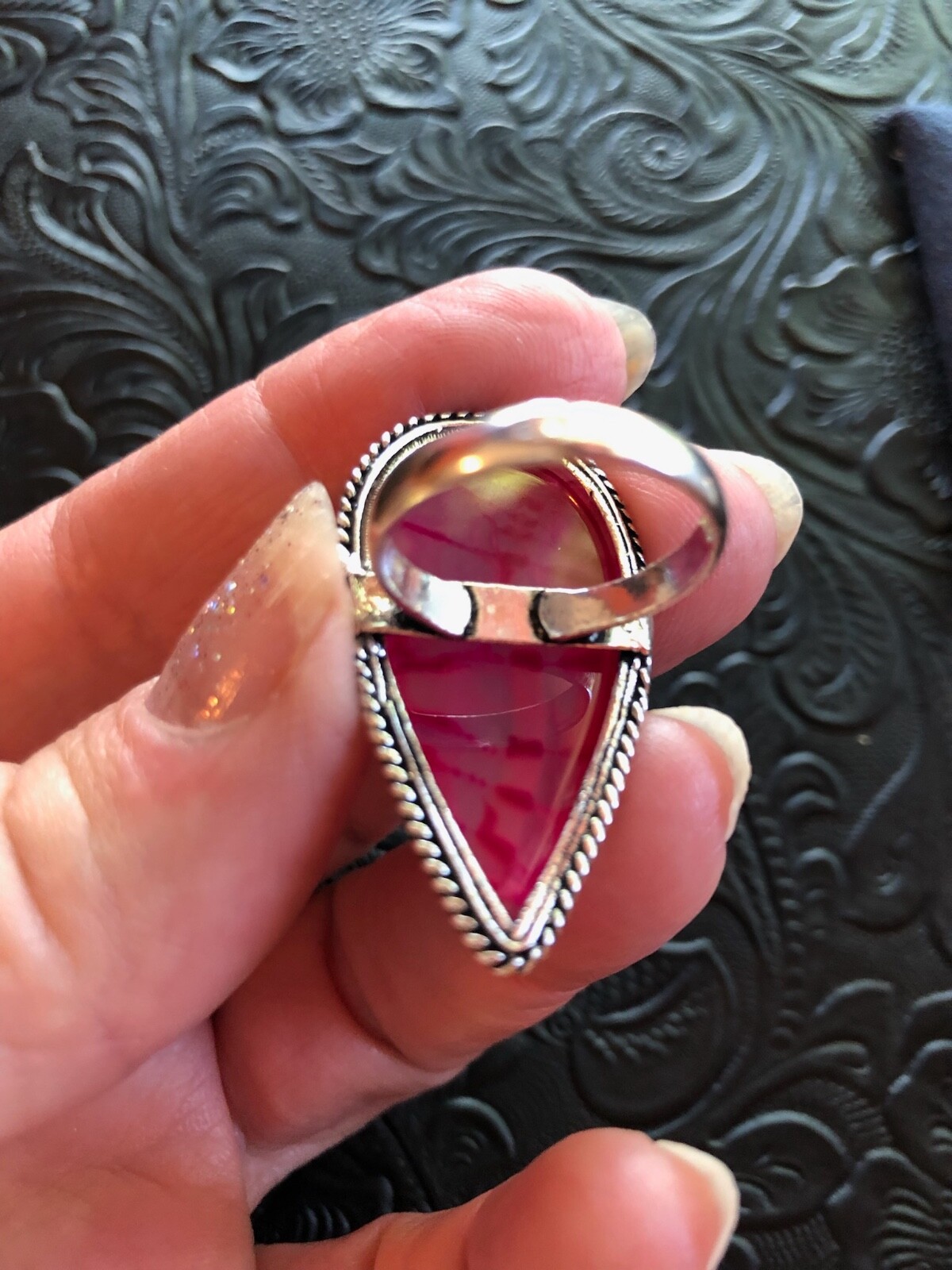 Pink Snake Skin Solar Quartz Ring Size 7 Artisan Made