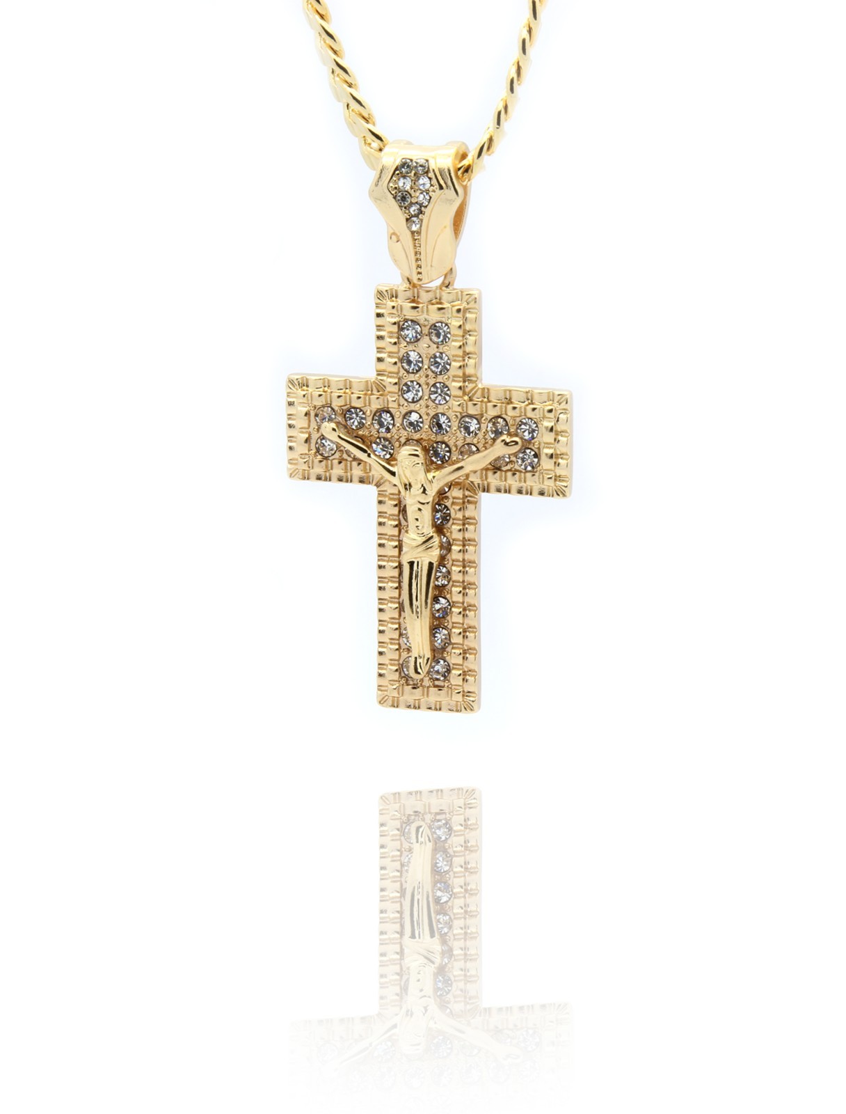 14k Gold Plated Jesus Cross Pendant Cubic Zirconia Hip-Hop 24″ Cuban Chain M1