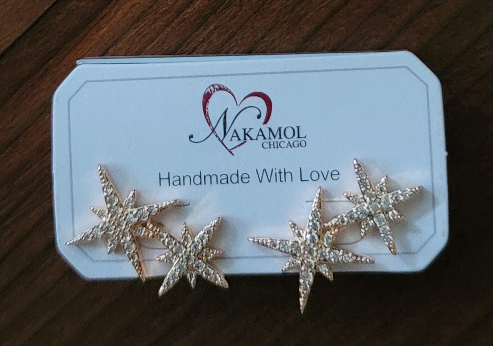 NWT NAKAMOL CHICAGO HAND MADE DOUBLE STAR STUD EARRINGS GOLD PLATED BRASS CZ
