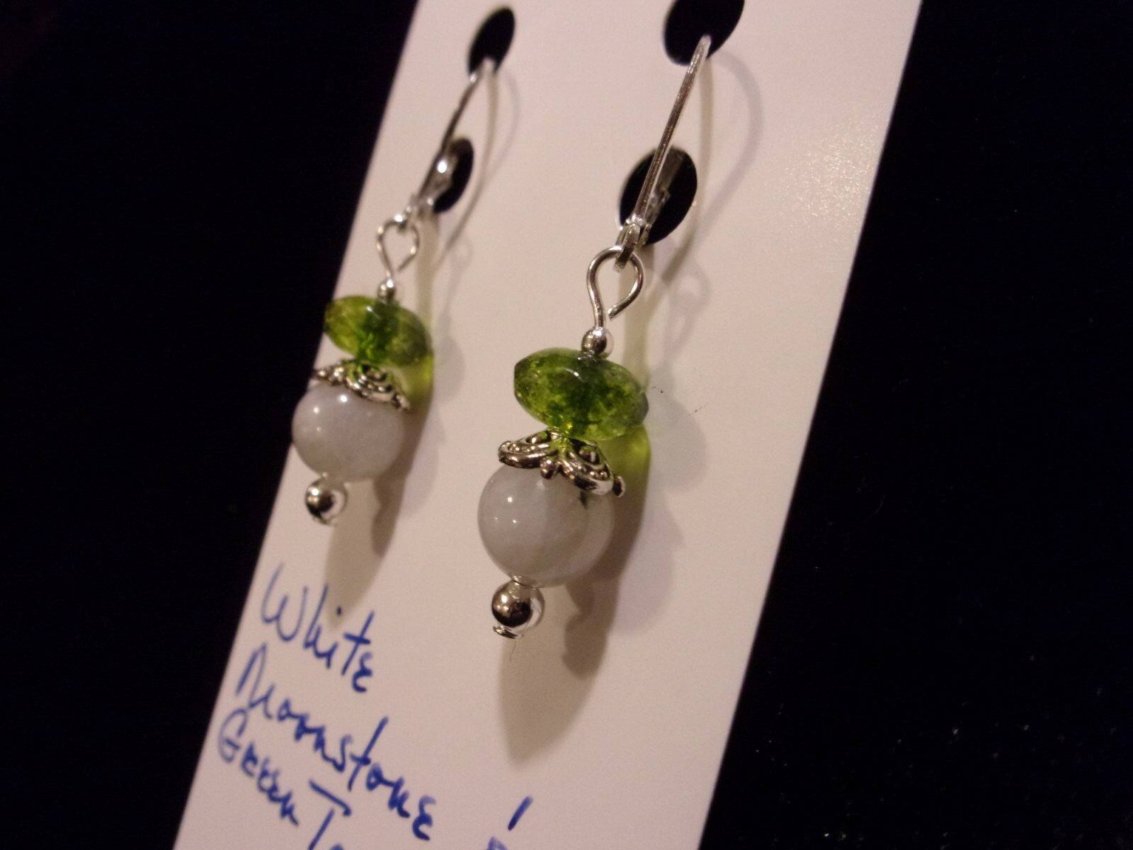 925 Natural White Rainbow Moonstone & Green Tourmaline Leverback Earrings